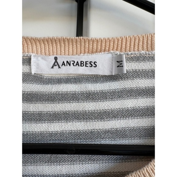 Anrabess Striped Knit Pullover Top Gray White Peach Crew Neck Sweater - Picture 3 of 5